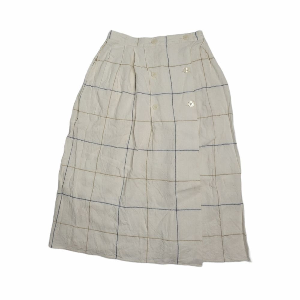 VINTAGE 80s ivory windowpane plaid linen midi wrap skirt S‎